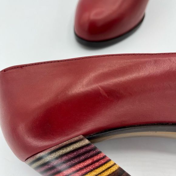 NWOT FENDI Oxblood Leather Pumps w Striped Stack Heel - Picture 12 of 16
